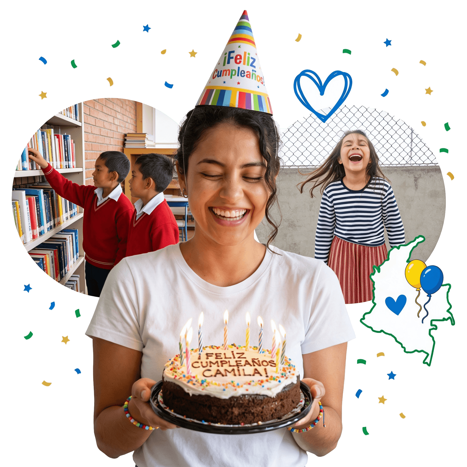 Mujer celebrando su cumpleaños con una torta junto a educación para niños en Colombia
